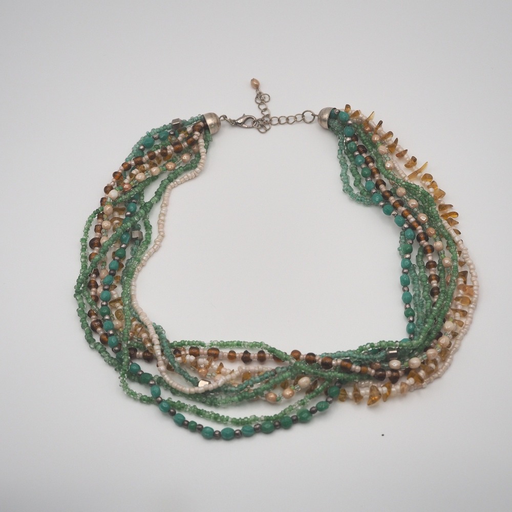 VTG Necklace Green Brown Multi Strand Seed Chip Bead Choker Layered Gold Tone